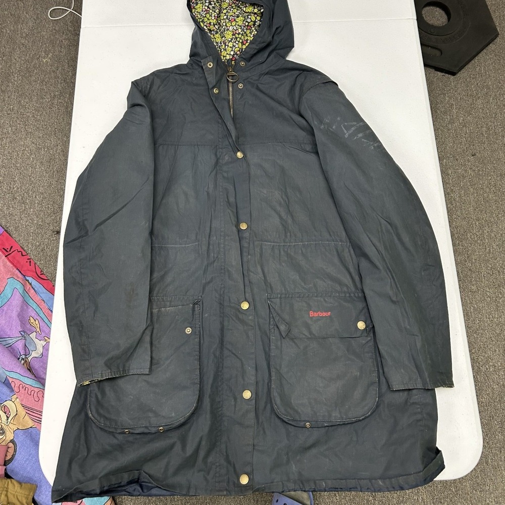 Barbour Waxed Cotton Jacket Womens 12 Navy Blue Hooded Floral Lined Parka Coat